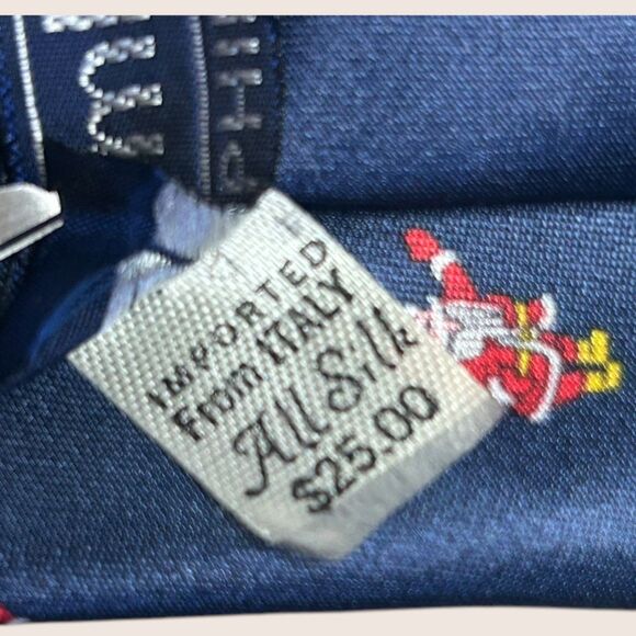 🎅 VINTAGE TEENY TINY SANTA TIE GIMBEL'S PHILADELPHIA IMPORTED ITALIAN SILK NAVY - Picture 4 of 5